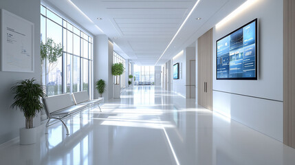 Modern hospital hallway with city view, digital displays, waiting area