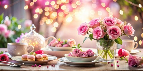 Elegant Food Photography with Pink Roses and Culinary Delights - Captivating Table Setting with Floral Accents for Gourmet Cuisine Presentation