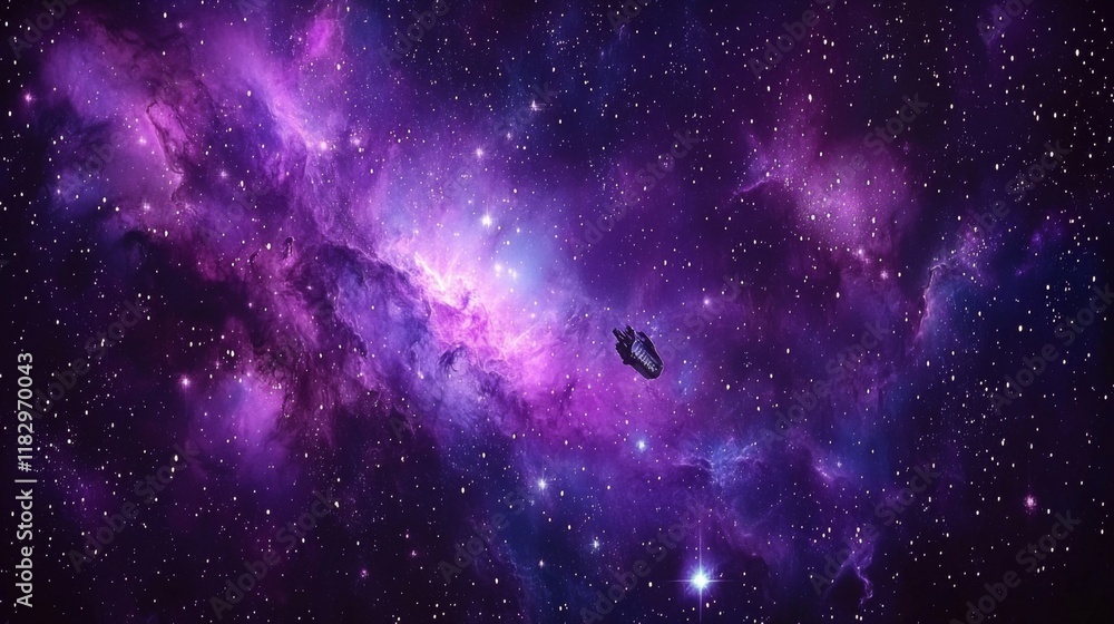 Wall mural stunning cosmic scene with a spaceship flying through a colorful nebula in deep space