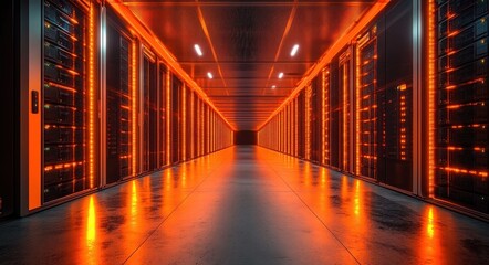 Fototapeta premium Futuristic Data Center Corridor with Neon Orange Lights Reflecting on Polished Floor