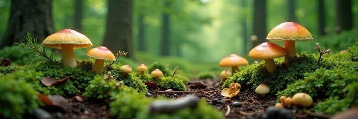 Forest floor covered in different types of mushrooms and spruce branches, forest ecosystem, forest detail, spruce branches