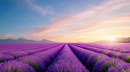 Obraz premium A field of lavender with a beautiful sunset in the background
