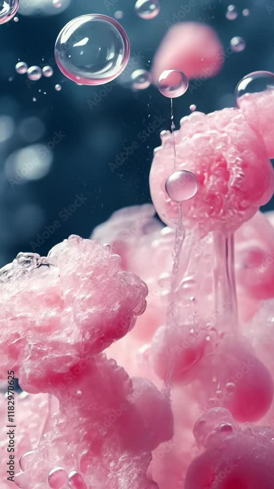 Poster bubbles and foam create a captivating pink underwater composition in an abstract close-up