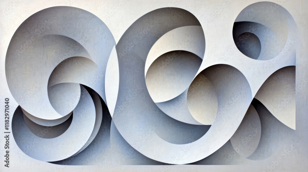 Poster abstract composition of flowing shapes and curves with soft gray tones, creating a modern artistic f