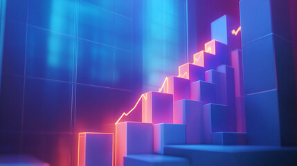Rising glow arrows on white blocks business chart steps on blue background with line graph table. The business growth graph process, goal, success, and economic improvement and data analysis concepts.