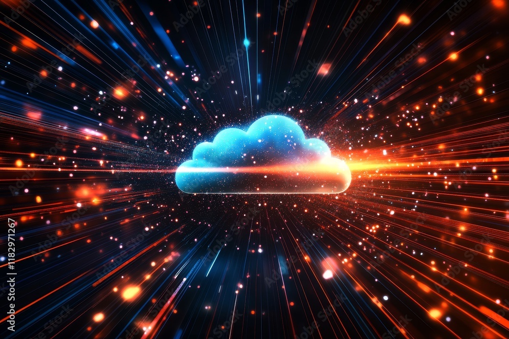 Poster abstract digital cloud concept with bright rays of light and colorful particles illustrating data tr