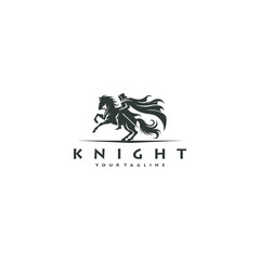 silhouette illustration of a knight logo riding a horse while carrying a sword in vintage style