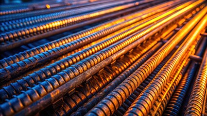 Close-up of steel rebar silhouettes, a textured building site detail.