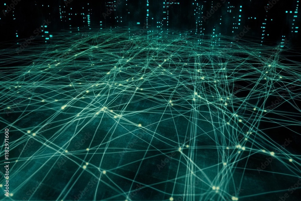 Poster abstract digital network connections with glowing lines and dots in a futuristic setting, illustrati