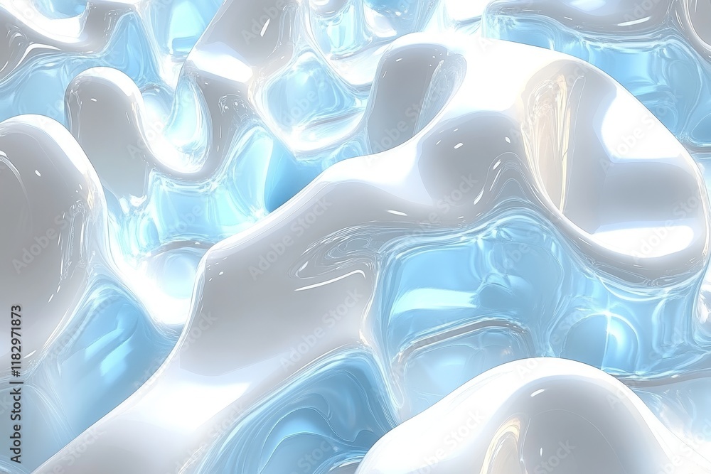 Poster abstract fluid shapes with glossy surfaces reflecting light, creating a serene and tranquil atmosphe