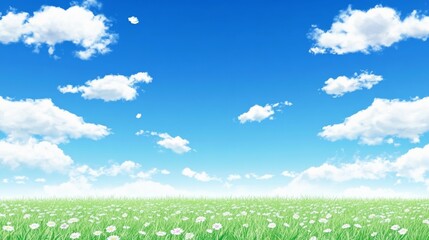 Obraz premium Serene Meadow Landscape Under Blue Sky with White Flowers