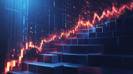 Rise up glowing arrow, volatility index chart on white blocks business chart steps on dark blue background. Business growth graph process, goal, success and economic improvement and analysis concepts.