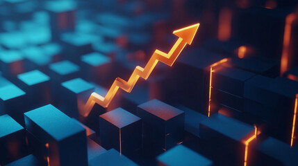 Rise up glowing arrow, volatility index chart on white blocks business chart steps on dark blue background. Business growth graph process, goal, success and economic improvement and analysis concepts.