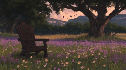 Serene Meadow Vista A Rustic Chair's Solitude