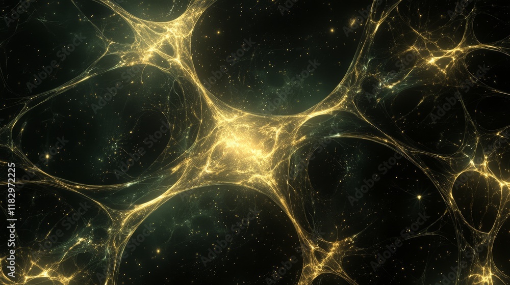 Poster abstract golden neural network with luminous connections and intricate patterns against a dark cosmi