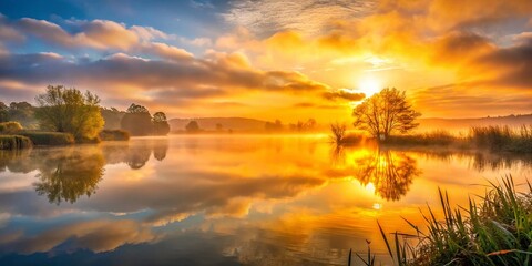 Obraz premium Golden Hour Sunrise over Westport Lake, Stoke-on-Trent, Staffordshire, UK - Foggy Morning Landscape Photography