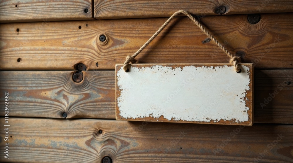 Poster rustic wooden sign with blank space for your message hanging on weathered wood background