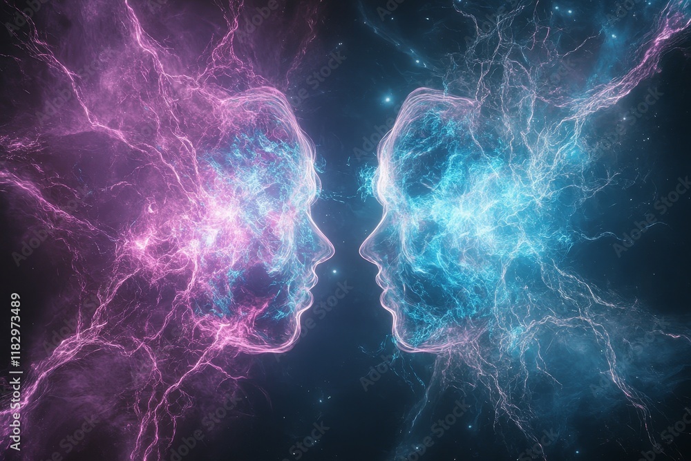 Poster abstract representation of two faces created with colorful energy waves in shades of pink and blue, 