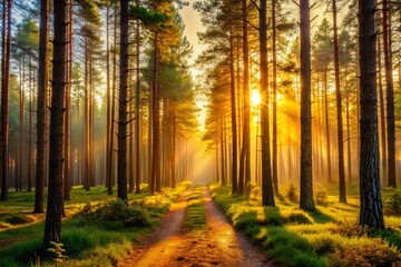 Naklejka premium Golden Morning Light on Quiet Forest Trail, Towering Pine Trees, Low Light Photography