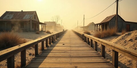 Naklejka premium Wooden boardwalk path leading to deserted structures in a dusty, sun-drenched landscape
