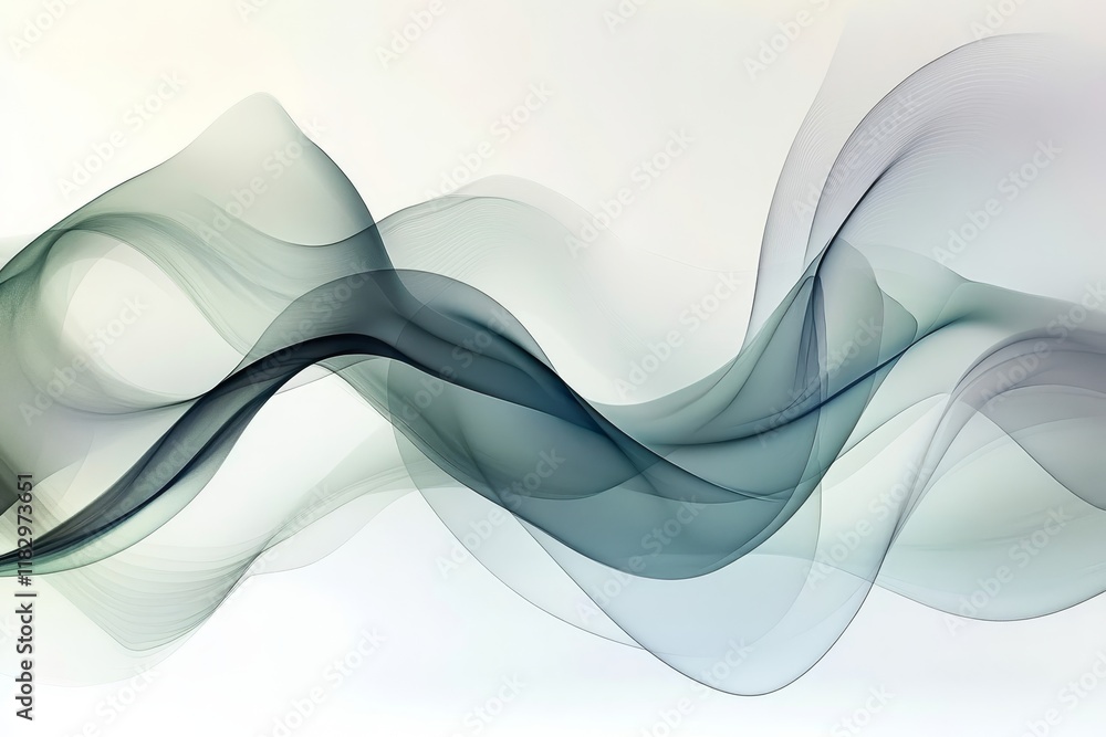 Poster abstract wave patterns with soft gradients and fluid motions in shades of green and gray, suitable f