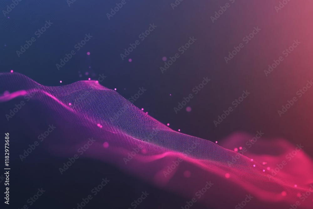Poster abstract waves of light with soft gradients and particle effects in vibrant pink and blue colors for