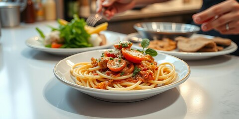 A beautifully plated pasta dish with fresh ingredients and expertly added toppings, lunch, kitchen, meal