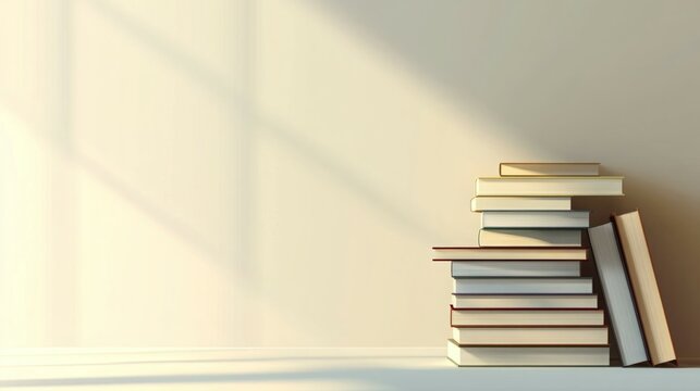 Stack of books by a window, bathed in sunlight. A peaceful reading nook.