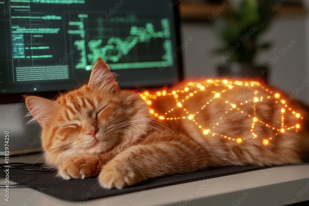 Poster adorable orange cat peacefully sleeping on a desk with glowing light effects and computer screen dis