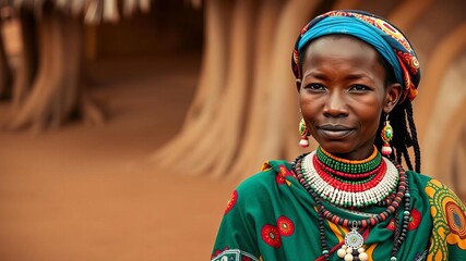 Portrait of a Samburu tribe woman in traditional attire with intricate beadwork and colorful...