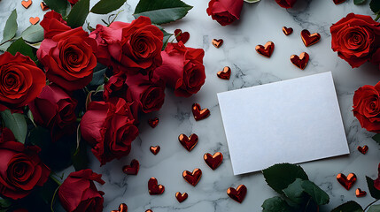 Red Roses, Small Red Hearts, and Blank Card on Marble Background, Romantic Valentine's Day Scene
