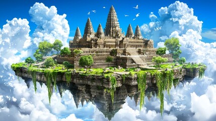 Obraz premium Floating Ancient Temple Surrounded by Lush Greenery and Blue Sky with Clouds