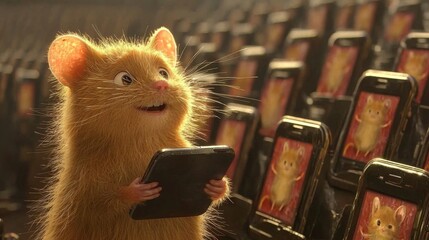 Adorable Animated Mouse Holding Tablet Surrounded by Mini Smartphones
