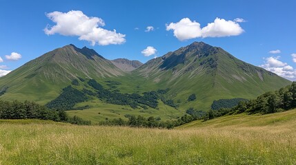 Naklejka premium Serene Mountain Valley Panorama Under Blue Sky