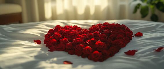 Heart-shaped rose arrangement on bed, sunlight, romantic