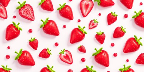 Seamless pattern of cute soft cartoon style red strawberry 3d rendering for food and nature design, fruit, food, sweet