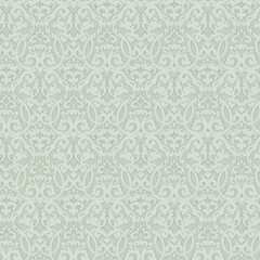 Mint green seamless damask pattern featuring classic baroque scrolls. Great for wallpaper, textiles, packaging, and decorative vintage-themed designs.
