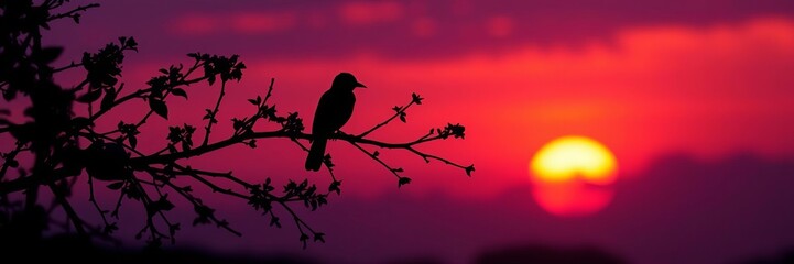 Silhouette of bird on branch against vibrant sunset with purple orange blue hues, purple, silhouette, branch