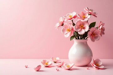 Whimsical floral elements in pale pink colors scattered around a vase, flowers, vase