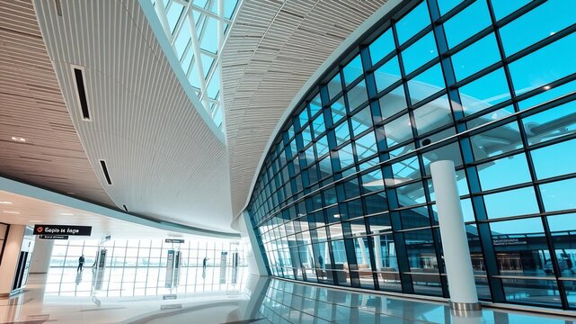 Sleek and futuristic airport terminal interior with glass walls, curved ceilings, and minimalist furniture, glass, modern, interior