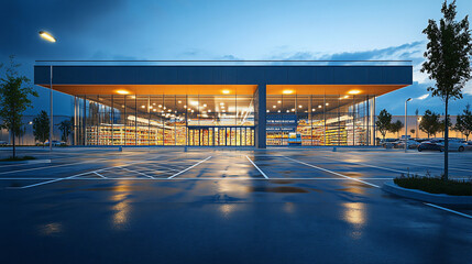 Modern supermarket at night, empty parking lot, rainy