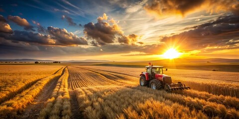 Fototapeta premium Golden Sunset Harvest: Lone Tractor in Vibrant Wheat Field - Agricultural Landscape Photography