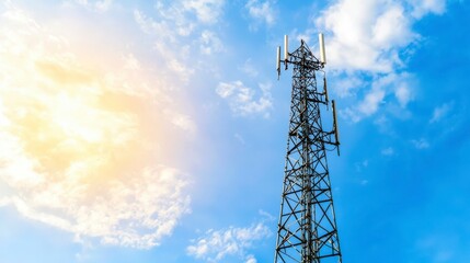 Telecommunication Tower Against a Bright Blue Sky
