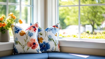Pillows with watercolor floral designs on a window seat