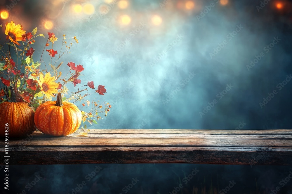 Poster autumn still life with pumpkins and flowers on rustic wooden table surrounded by soft bokeh lights i