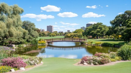 Fototapeta premium Serene Park Landscape with Bridge and City Skyline