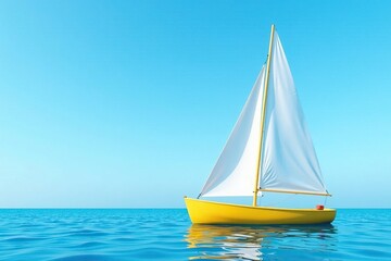 Fototapeta premium Yellow boat with white sails against a clear blue sky, sail, boats