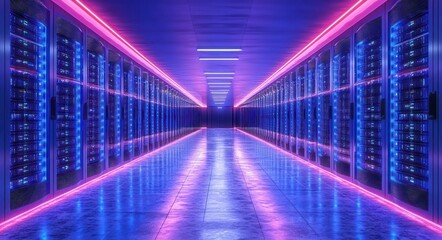 Futuristic Data Center Corridor with Neon Blue Lighting and Sleek Server Architecture