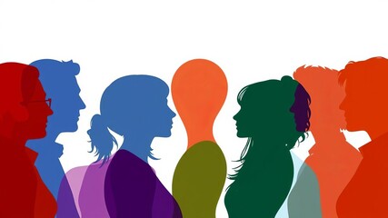 Vibrant silhouette profiles of diverse crowd engaged in animated dialogue, highlighted in multiple exposures for striking visual comparison, conversation, team, interaction