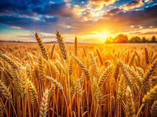 Fototapeta premium Golden Wheat Field Harvest: Selective Focus Rural Landscape Photography